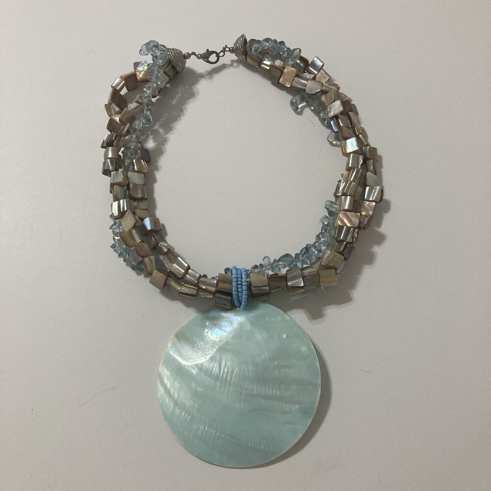 Brown Multi-Layer Beaded Light Blue Round Shell Pendant Necklace Beach Sea